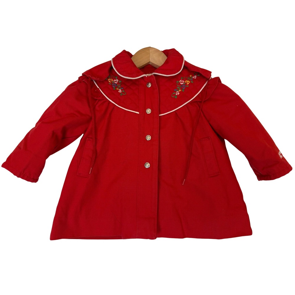 Vtg LONDON FOG Red Quilted Coat Jacket Floral Embroidery Detachable Hood Size 2‎